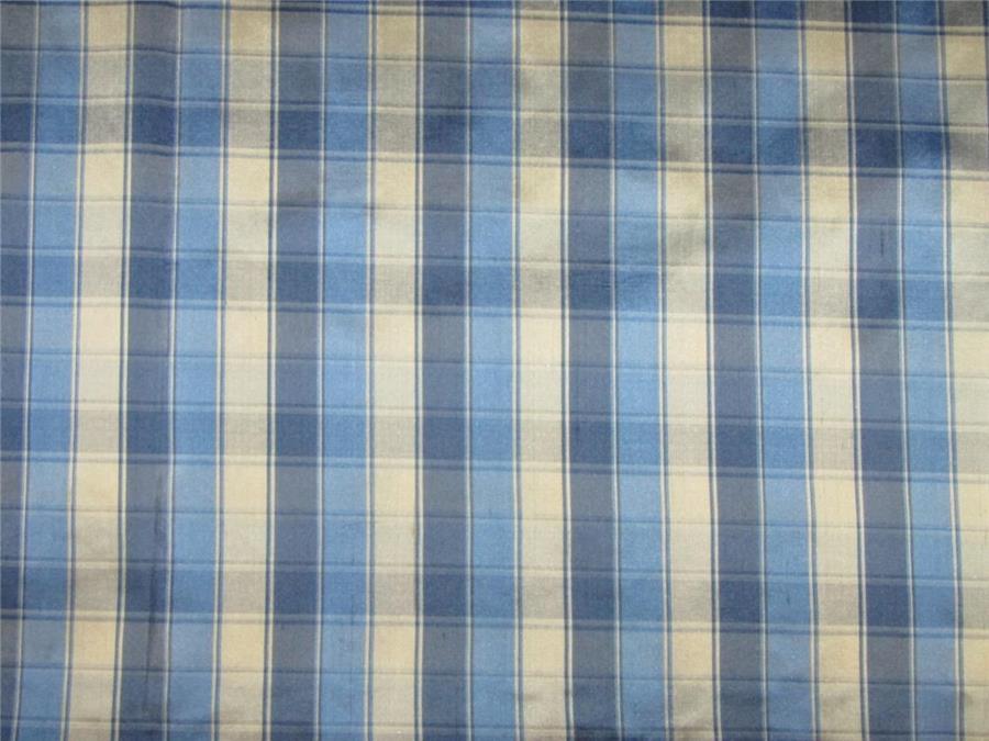 100% Silk Dupioni Fabric plaids dark ivory x blue color 54" wide DUP#C97[2]