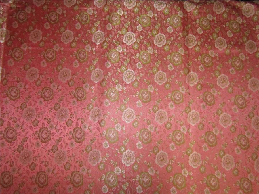 Silk Brocade fabric coral pink and green 44&quot;