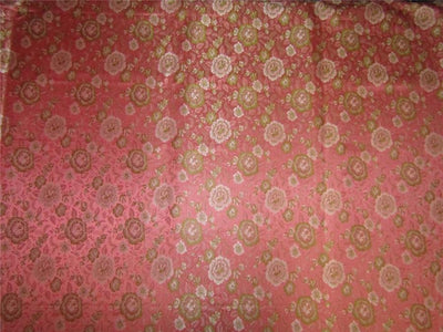 Silk Brocade fabric coral pink and green 44&quot;