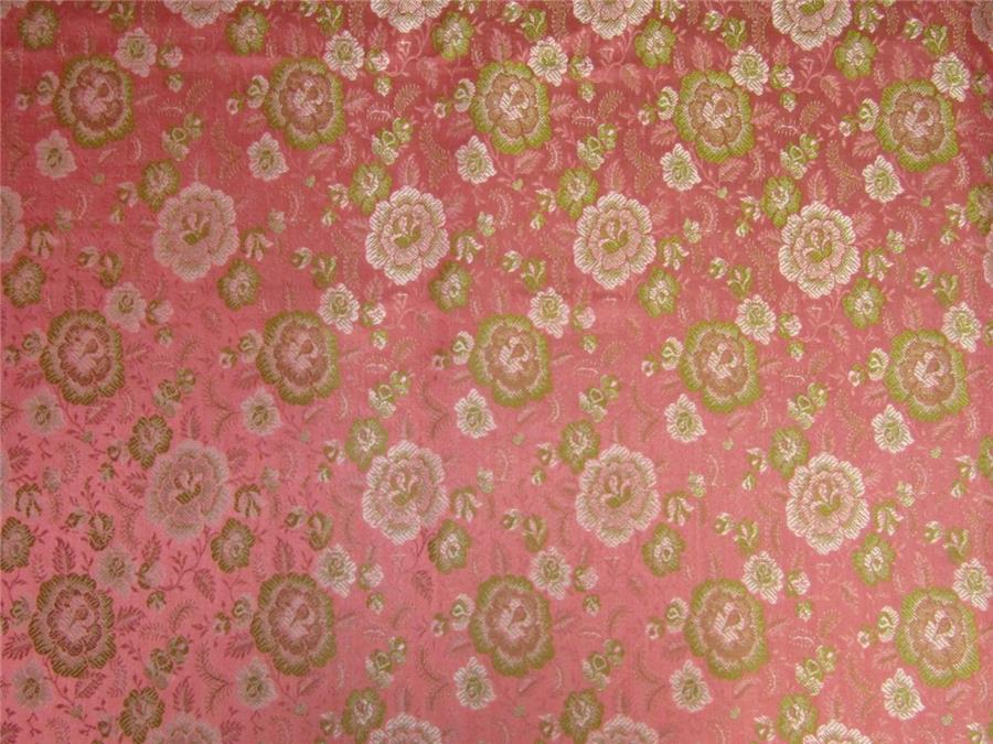 Silk Brocade fabric coral pink and green 44&quot;