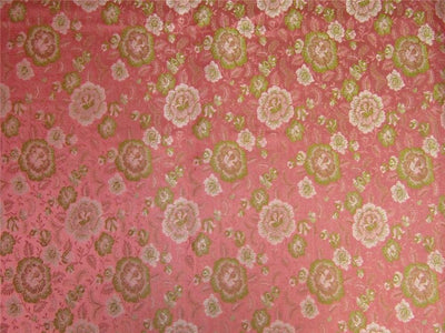 Silk Brocade fabric coral pink and green 44&quot;