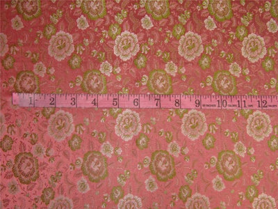 Silk Brocade fabric coral pink and green 44&quot;