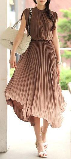 brown dress fabric color Polyester Pleated ~ 58