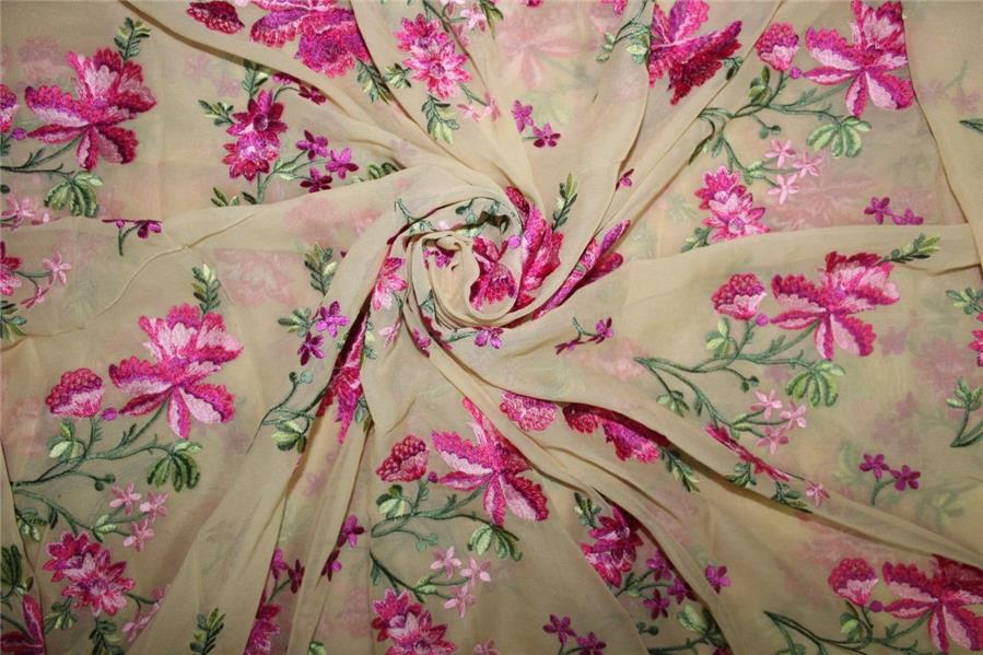 100% SILK georgette heavily embroidered champagne/pink/green 44&quot;wide