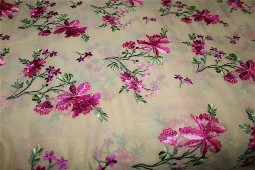 100% SILK georgette heavily embroidered champagne/pink/green 44&quot;wide