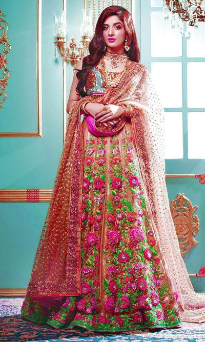 100% SILK georgette heavily embroidered champagne/pink/green 44&quot;wide