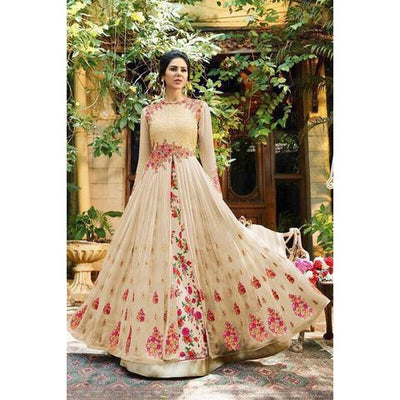 100% SILK georgette heavily embroidered champagne/pink/green 44&quot;wide