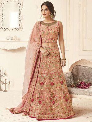 100% SILK georgette heavily embroidered champagne/pink/green 44&quot;wide