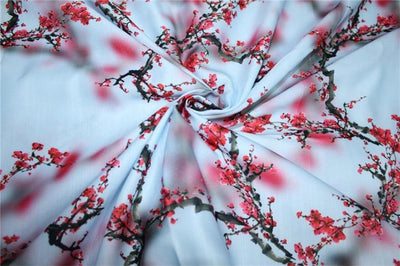 Linen satin print fabric ice blue and red flower 44&quot; wide
