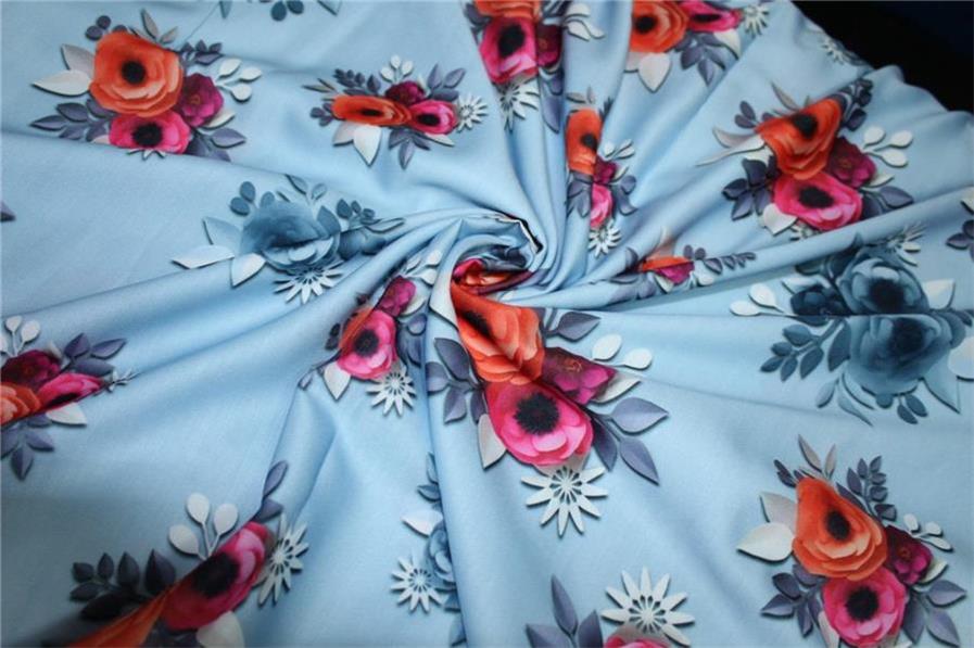 Linen satin digital print fabric blueish grey multi color flowers 44&quot; wide