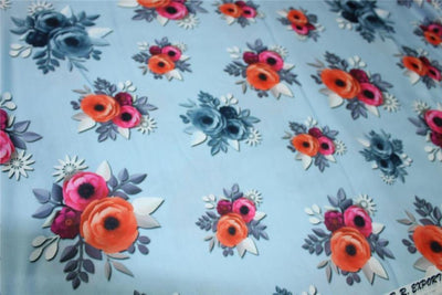 Linen satin digital print fabric blueish grey multi color flowers 44&quot; wide