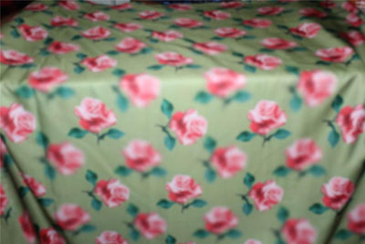Linen satin digital print fabric olive green &amp; pink roses 44&quot; wide