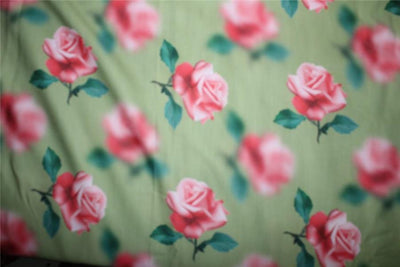 Linen satin digital print fabric olive green &amp; pink roses 44&quot; wide