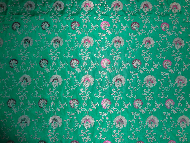 Silk x viscose &amp; metallic fabric brocade/jacquard Green,Pink &amp; Gold 54&quot;
