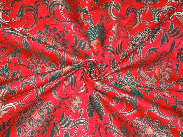 Silk Brocade Fabric Green,Red &amp; Metallic Gold color 36" wide BRO317[2]