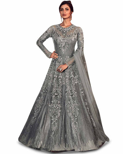 Silk Brocade Fabric Olive Grey &amp; Steel Grey color BRO97[3]