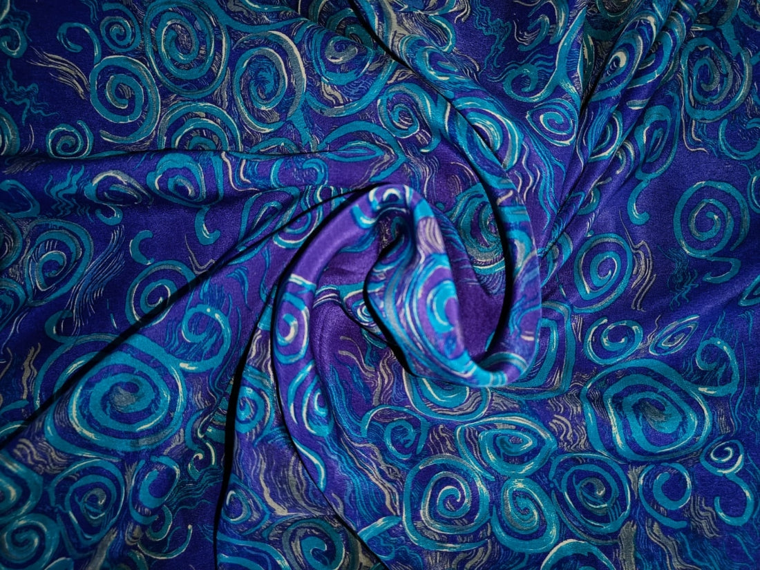 Pure silk crepe printed fabric royal blue see green color 16 mm weight [7999]