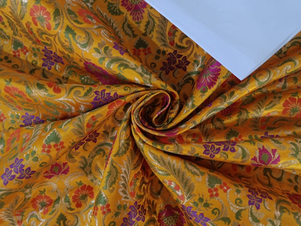 Silk Brocade fabric golden yellow,orange, green, pink and metallic jacquard color 36" wide BRO858[5]