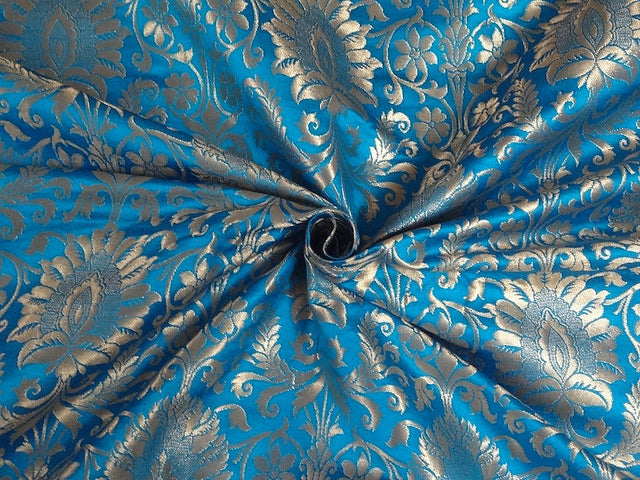 Pure Heavy Silk Brocade Fabric Blue & Metallic Gold color 44" wide BRO336[3]