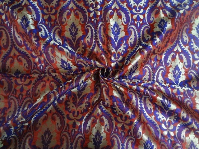 Pure Heavy Silk Brocade Fabric Red,Purple &amp; Metallic Gold color