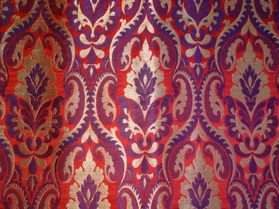 Pure Heavy Silk Brocade Fabric Red,Purple &amp; Metallic Gold color