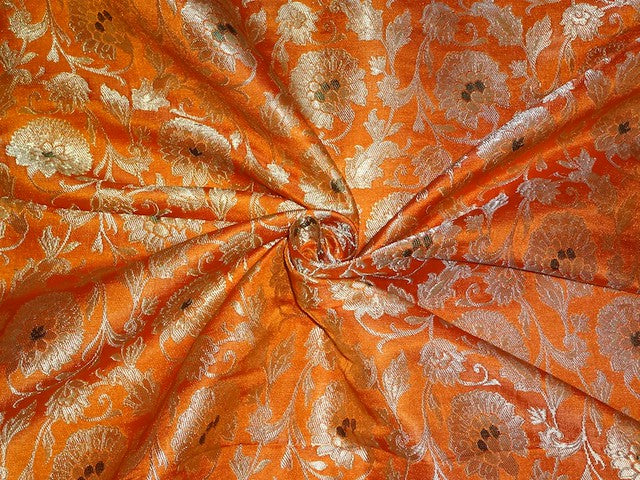 Pure Heavy Silk Brocade Fabric Orange,Green & Metallic Gold color 44" wide BRO338[4]
