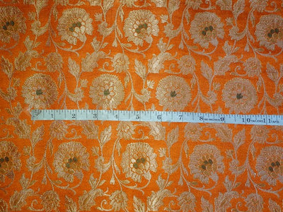 Pure Heavy Silk Brocade Fabric Orange,Green & Metallic Gold color 44" wide BRO338[4]