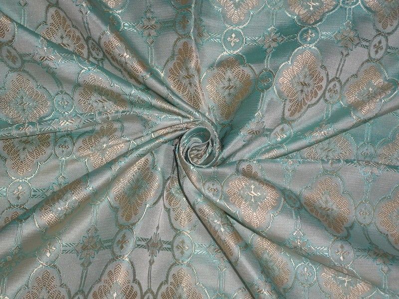 Silk Brocade Vestment Fabric Light Sky Blue &amp; Butter Gold color 44&quot;BRO349[5]