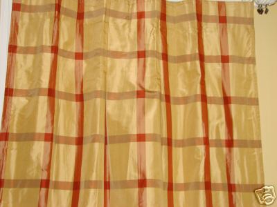 Rust Gold Check Silk Drapery Panels Curtains