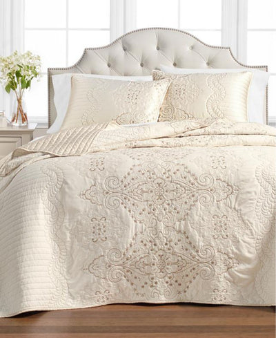 POLYESTER RAW SILK FABRIC 44&quot; CREAM embroidered with gold sequence FF51[A]