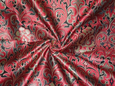 SILK BROCADE FABRIC Red,Black &amp; Metallic Gold Color 44&quot;BRO353[4]