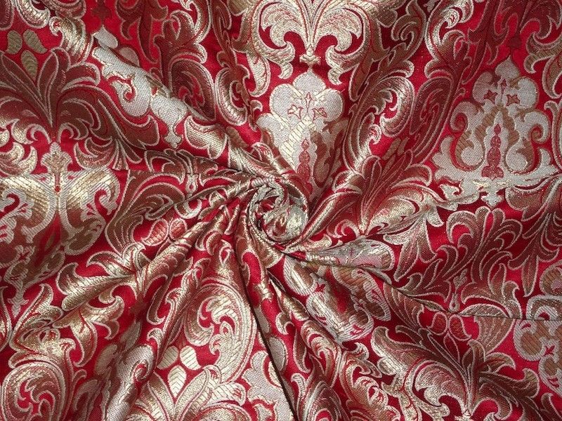 SILK BROCADE FABRIC Red,Gold &amp; Metallic Gold Color 44&quot; BRO353[5] 0.75 yards only
