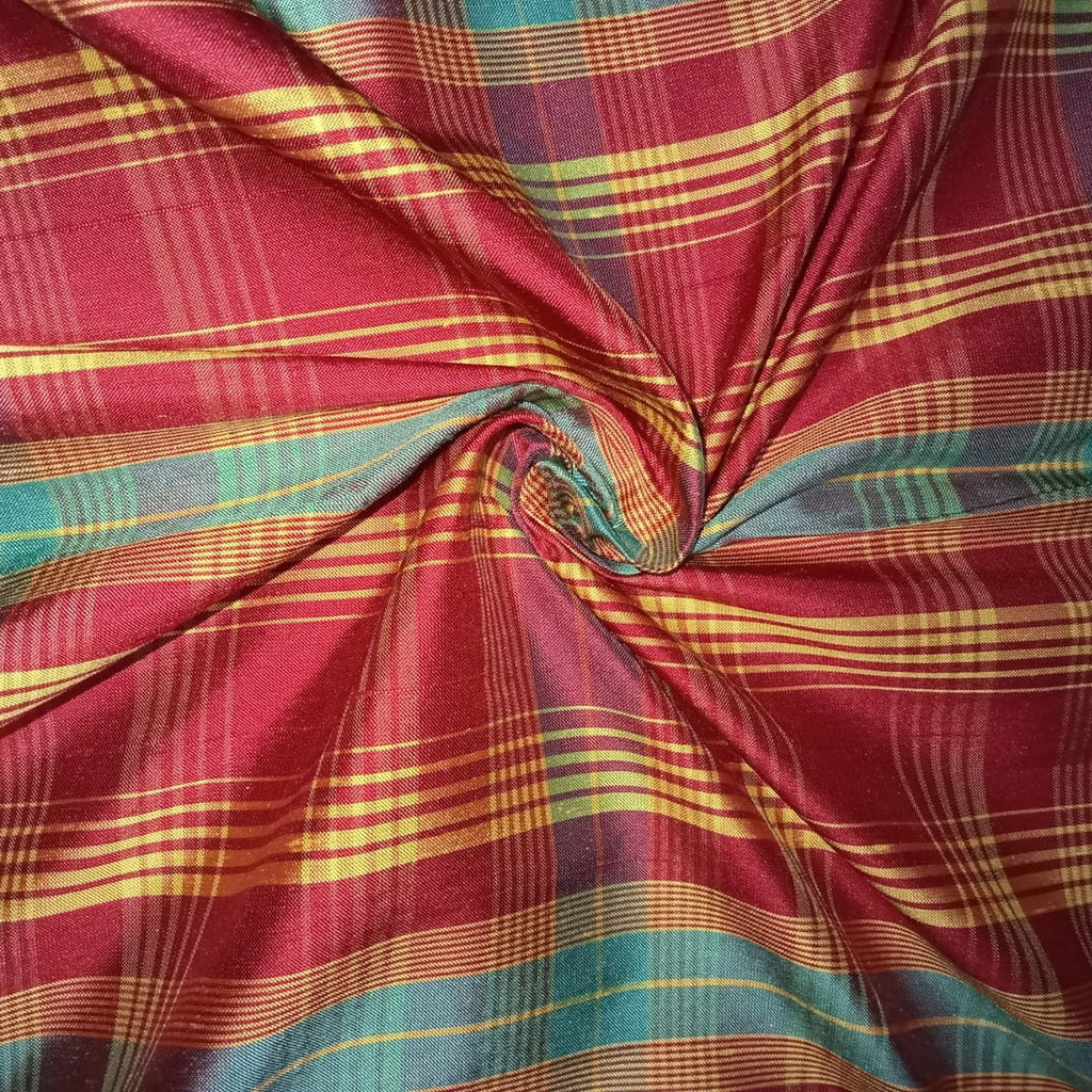 100% silk dupion red yellow and blue Plaids fabric 54&quot; wide