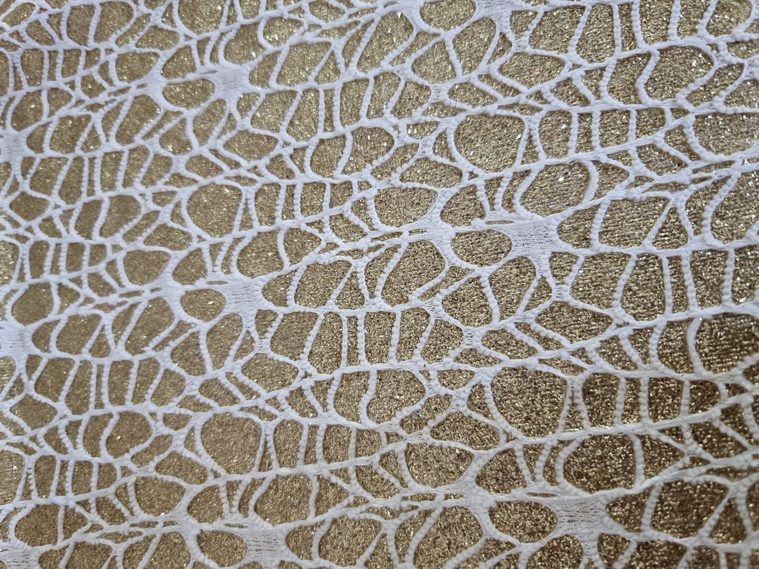 Golden STRETCHABLE Lycra shimmer fabric with white work 58&quot;wide  BY THE YARD