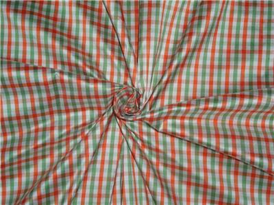 100% Pure Silk Dupioni Fabric Orange x Green White Small Checks 54" wide DUPC84