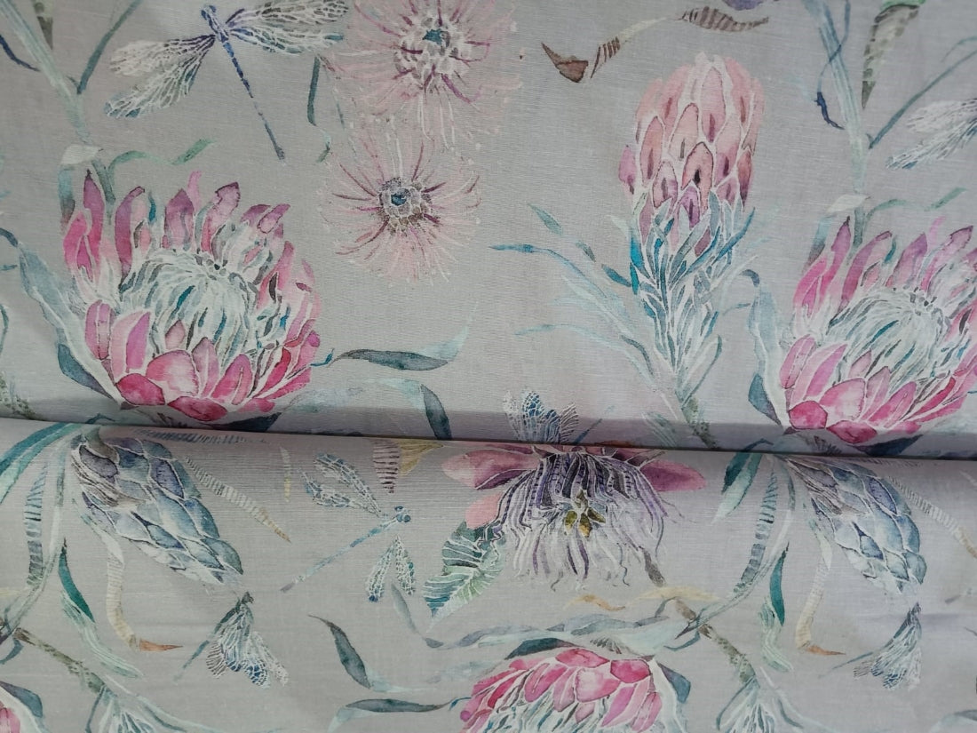 100% linen Floral digital print s fabric 44" available in  two colors ivory red floral and powder blue, pink floral[12910/11]