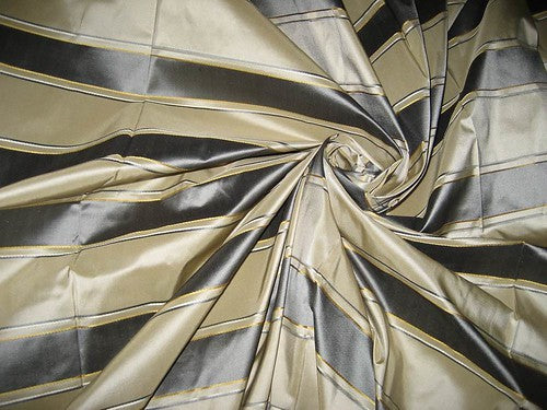 Steel Grey,Yellow,Sand Gold &amp; White colour Satin Stripe Silk Taffeta~Width 54&quot; wide