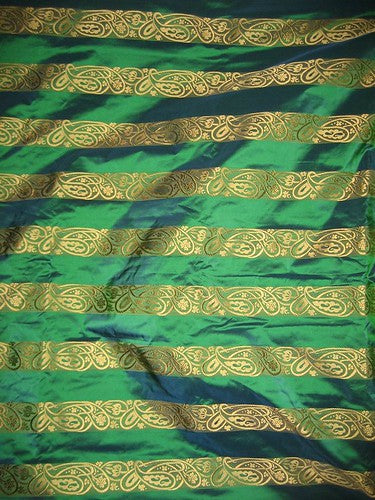 Iridescent peacock green colour with gold paisleys jacquard design~SILK TAFFETA FABRIC 54