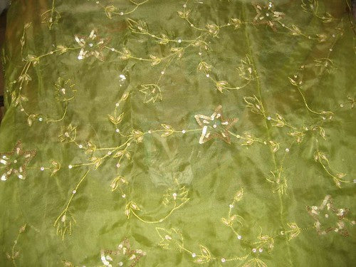 100%SILK ORGANZA FABRIC KIWI GREEN COLOUR embroidered 44&quot; wide [1016]