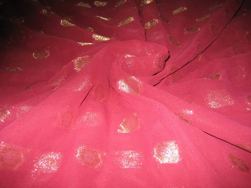 Polyester georgette fabric with metalic silver &amp; gold jacquard~dark Pink colour