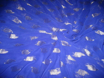 Polyester georgette fabric with metalic silver &amp; gold jacquard~Royal Blue colour