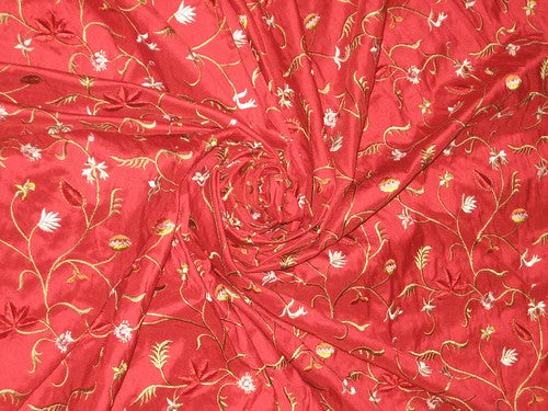 Extremely high quality silk dupioni silk 54-Red colour with floral embroidery