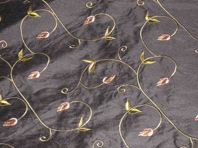 Jet Black colour with floral embroidery silk dupioni silk 54" wide DUP#E7