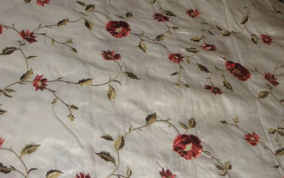 White colour silk dupioni fabric with bright Red flowers 54&quot; wide