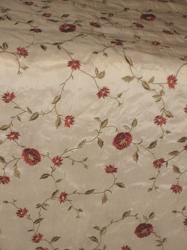 White colour silk dupioni fabric with bright Red flowers 54&quot; wide