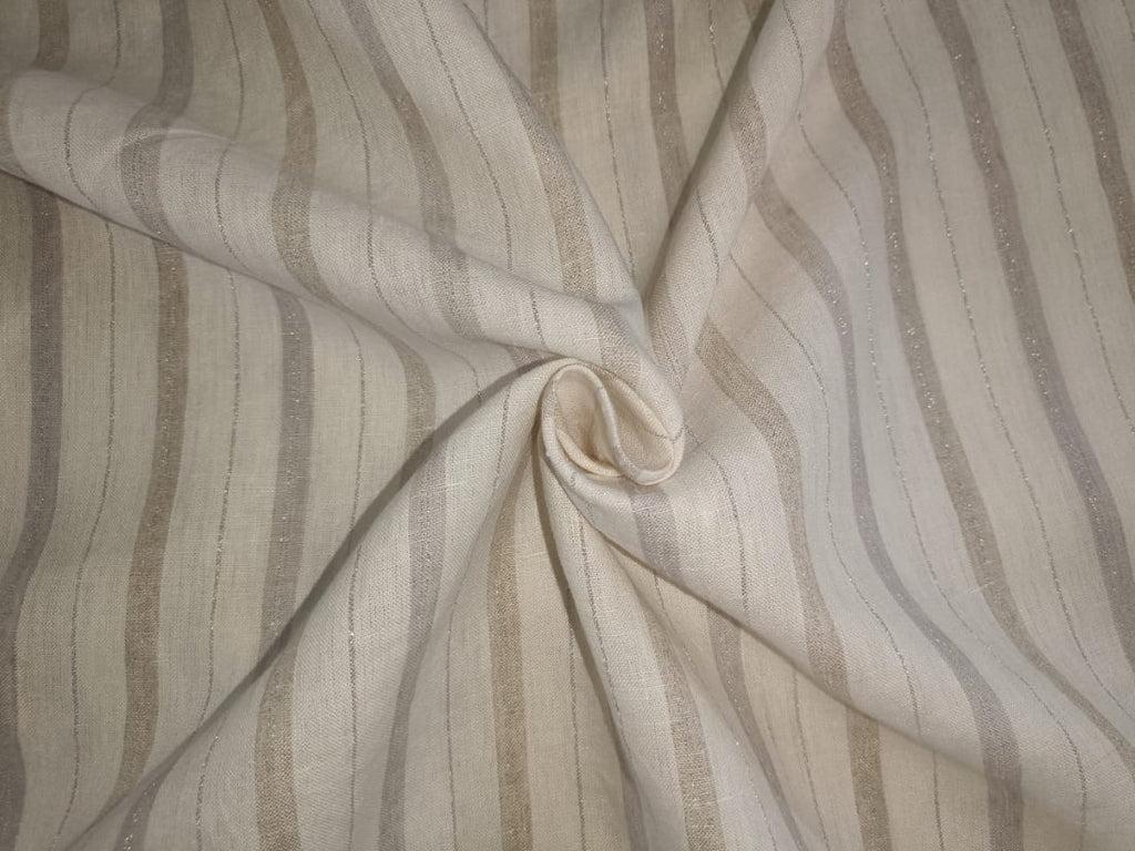 100% pure linen ivory with silver lurex stripe fabric 54&quot; wide [11760]