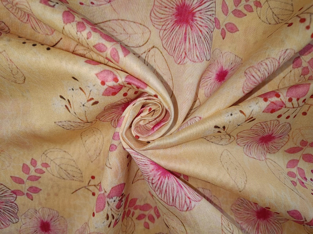 Chanderi silk fabric FLORAL PRINT cream with pink flowers 44" wide [12872]