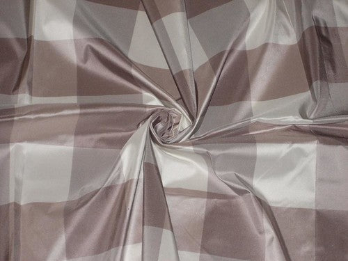 SILK TAFFETA FABRIC Ivory &amp; aubergine x brown colour plaids 54&quot; wide Taf#C20