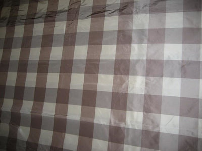 SILK TAFFETA FABRIC Ivory &amp; aubergine x brown colour plaids 54&quot; wide Taf#C20