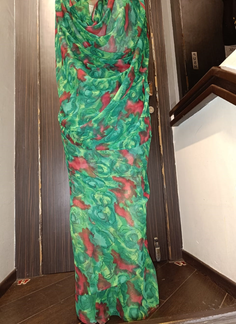 Indian beautiful pure silk chiffon green and red print Saree